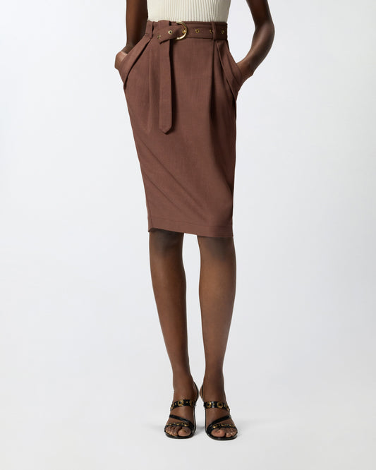 Slim-fitting calf-length skirt with belt