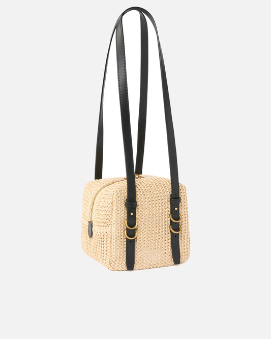 Raffia and leather shoulder bag