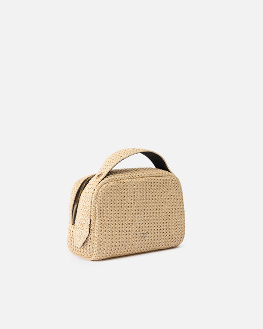 Small raffia bag with logo and handle