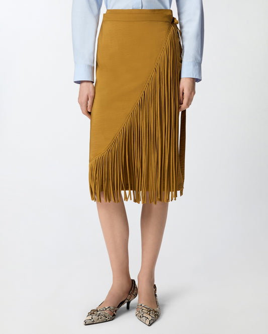 Calf-length wrap skirt with fringing