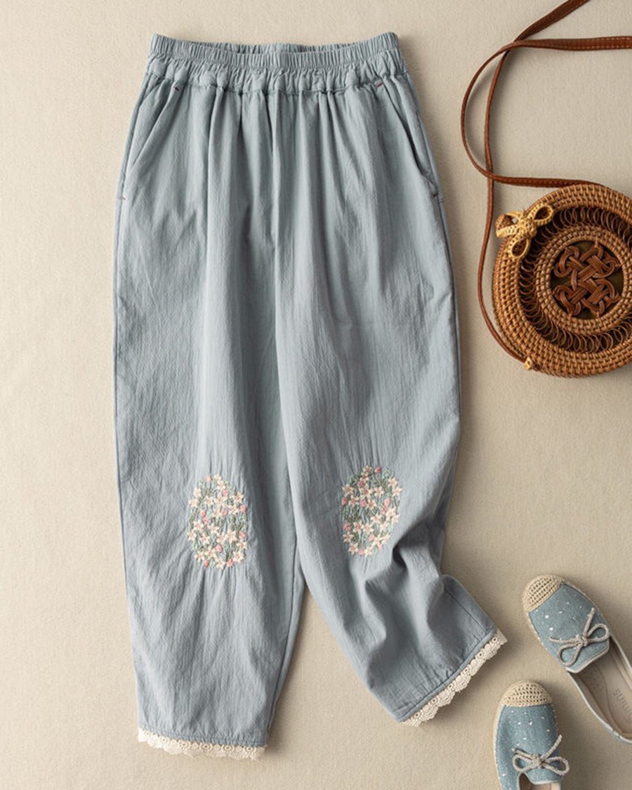 Jogginghose Aus Baumwolle Und Leinen Mit Blumenstickerei Und Spitzeneinsätzen