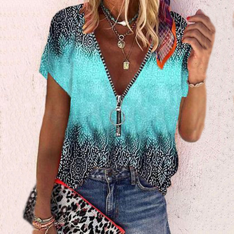 Boho Tribal Print Color Block Bluse mit V-Ausschnitt und Reißverschluss