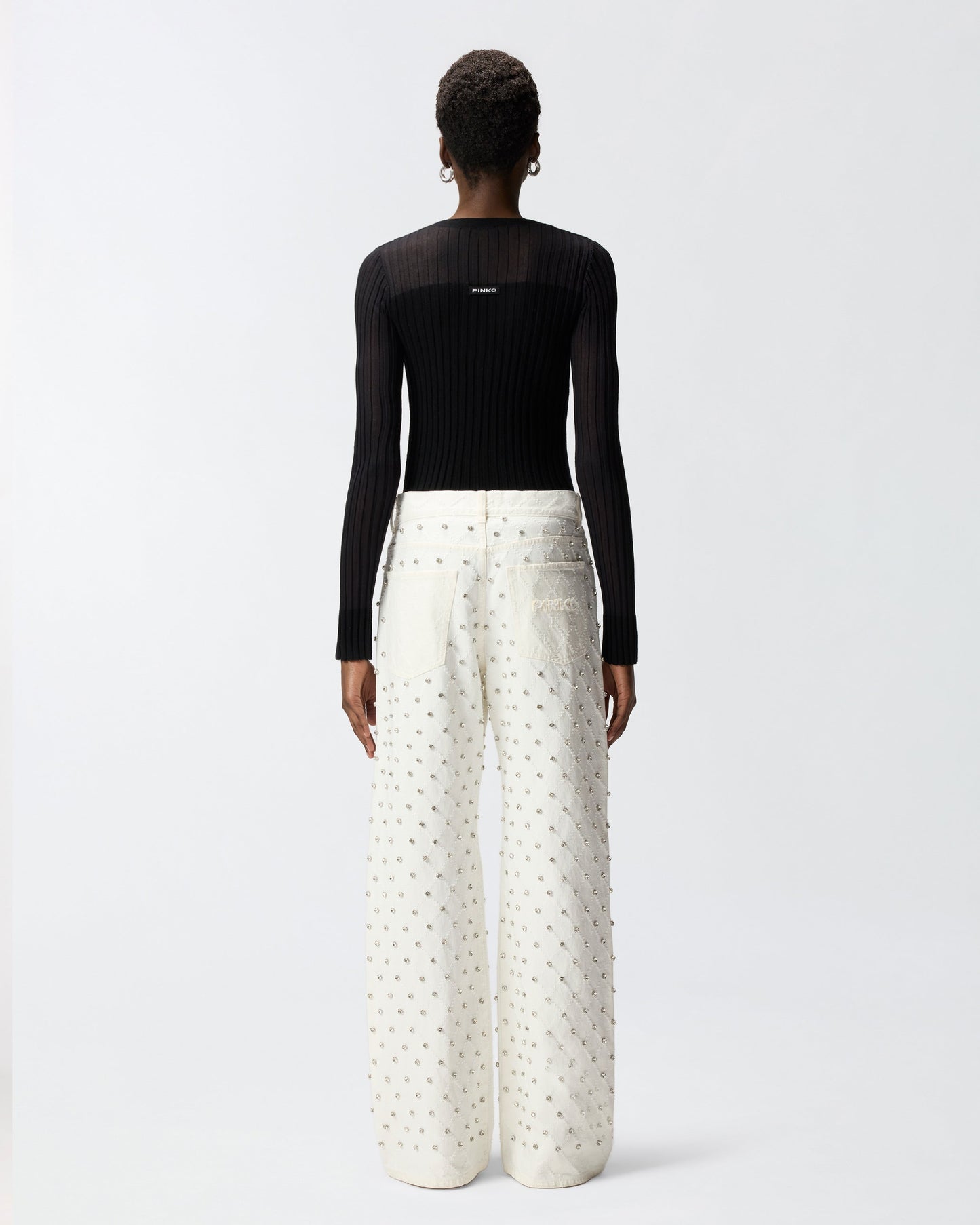 Wide-leg jeans with diamond pattern and rhinestones