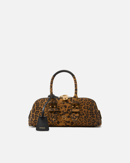 Suede handbag with macula print