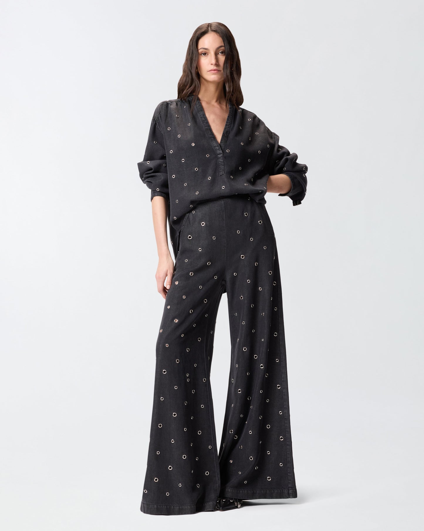 Dark denim blouse with eyelets