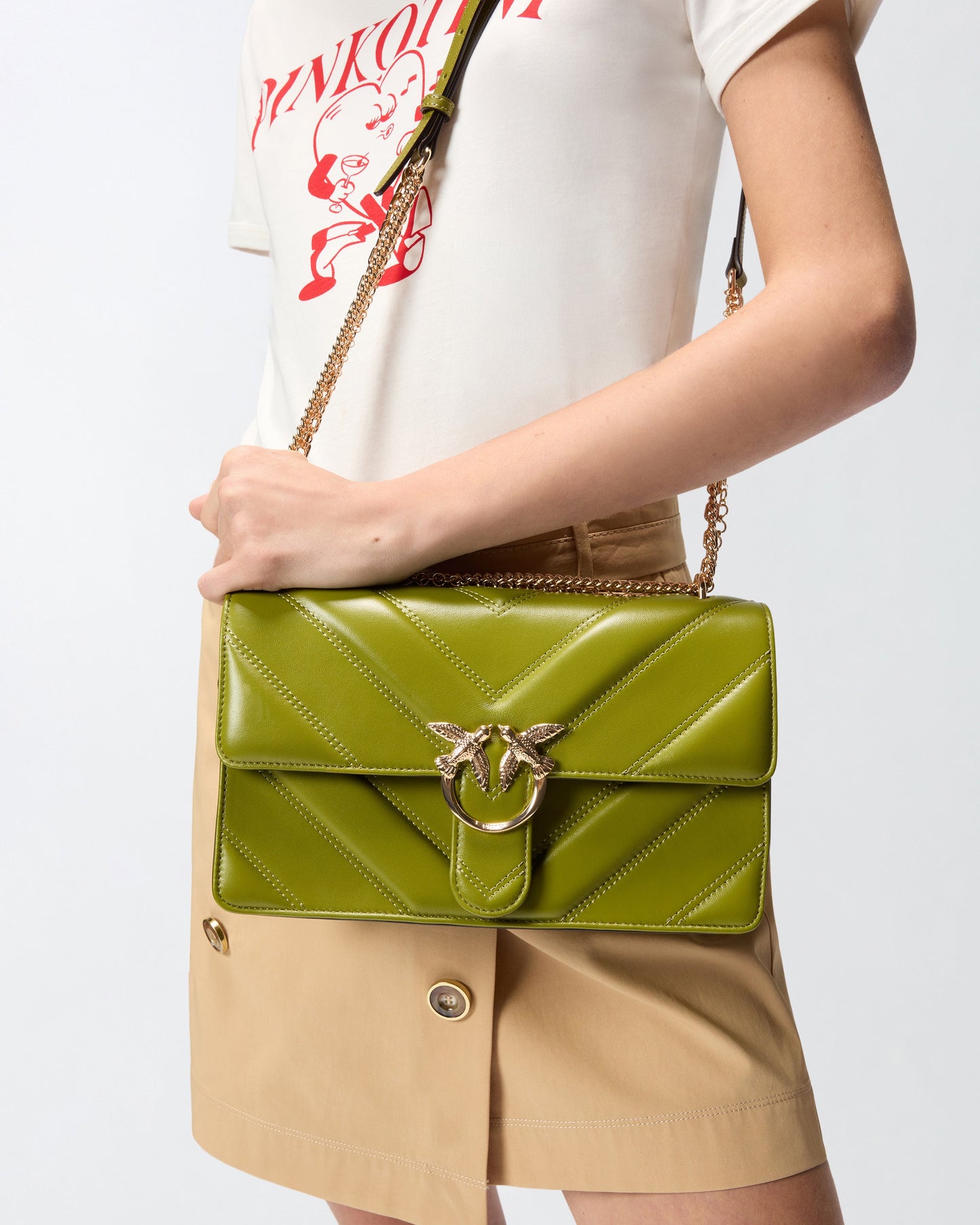 Love Bag One medium shoulder bag in chevron leather and nappa with triple chain