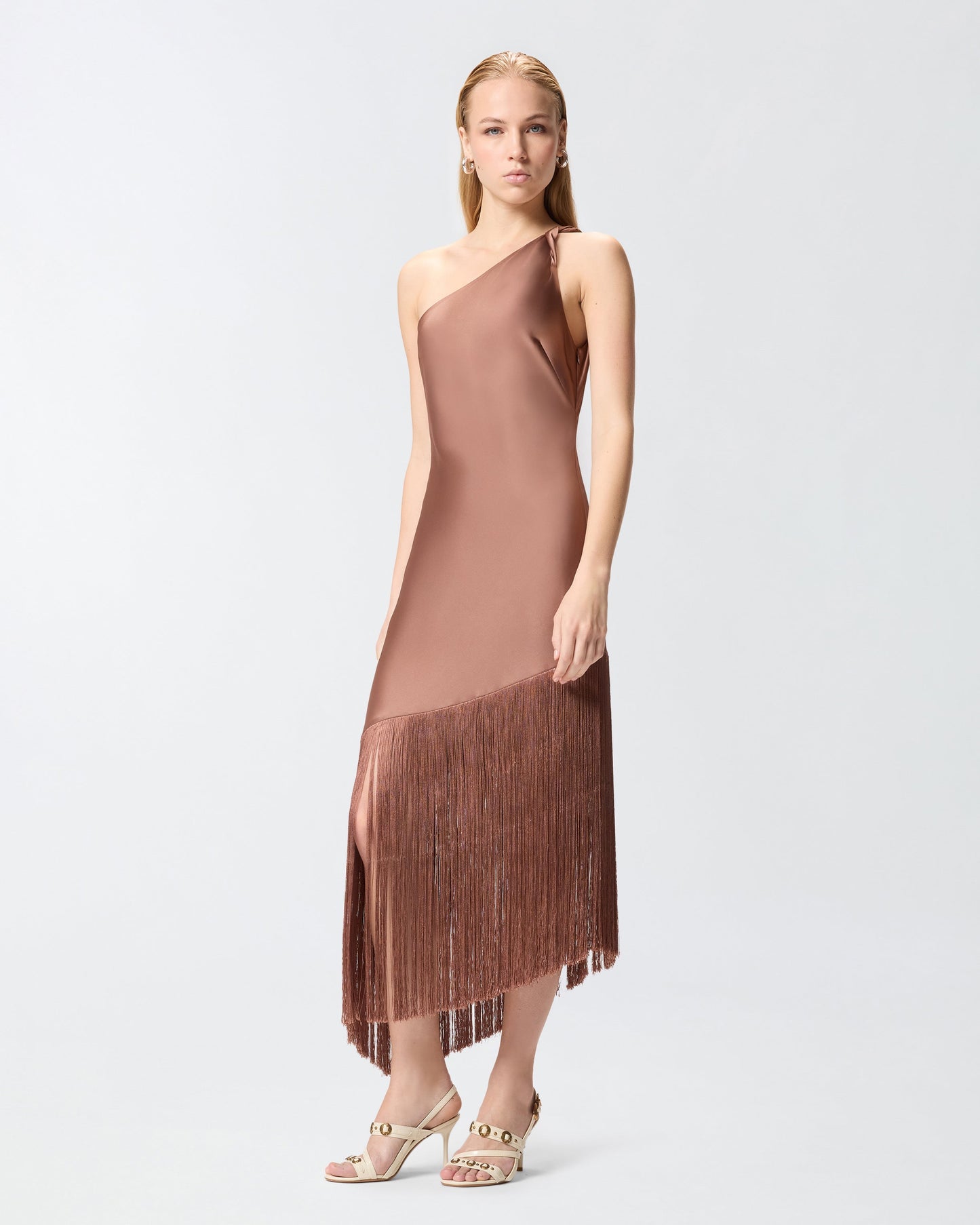 Satin one-shoulder mini dress with fringing