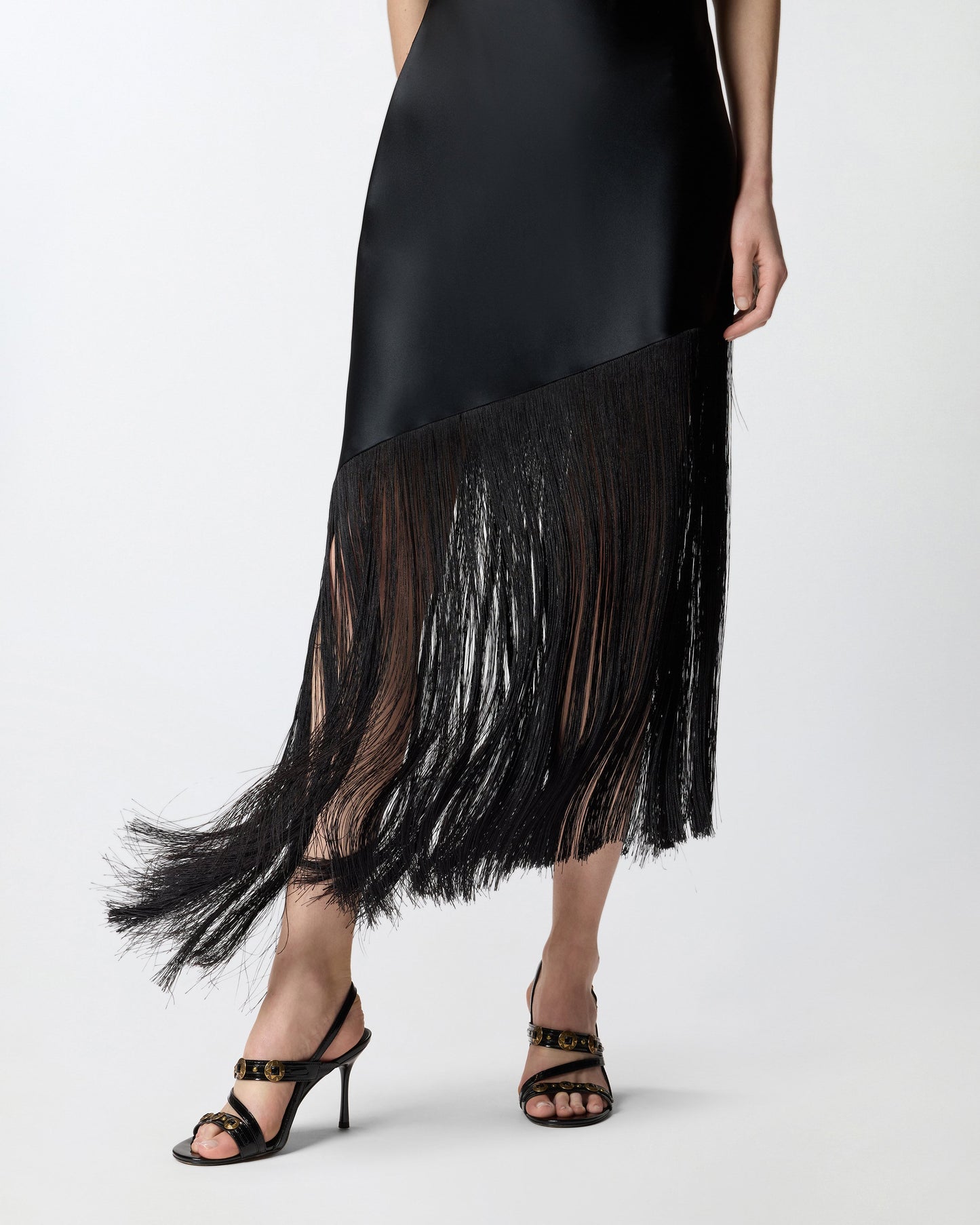 Satin one-shoulder mini dress with fringing