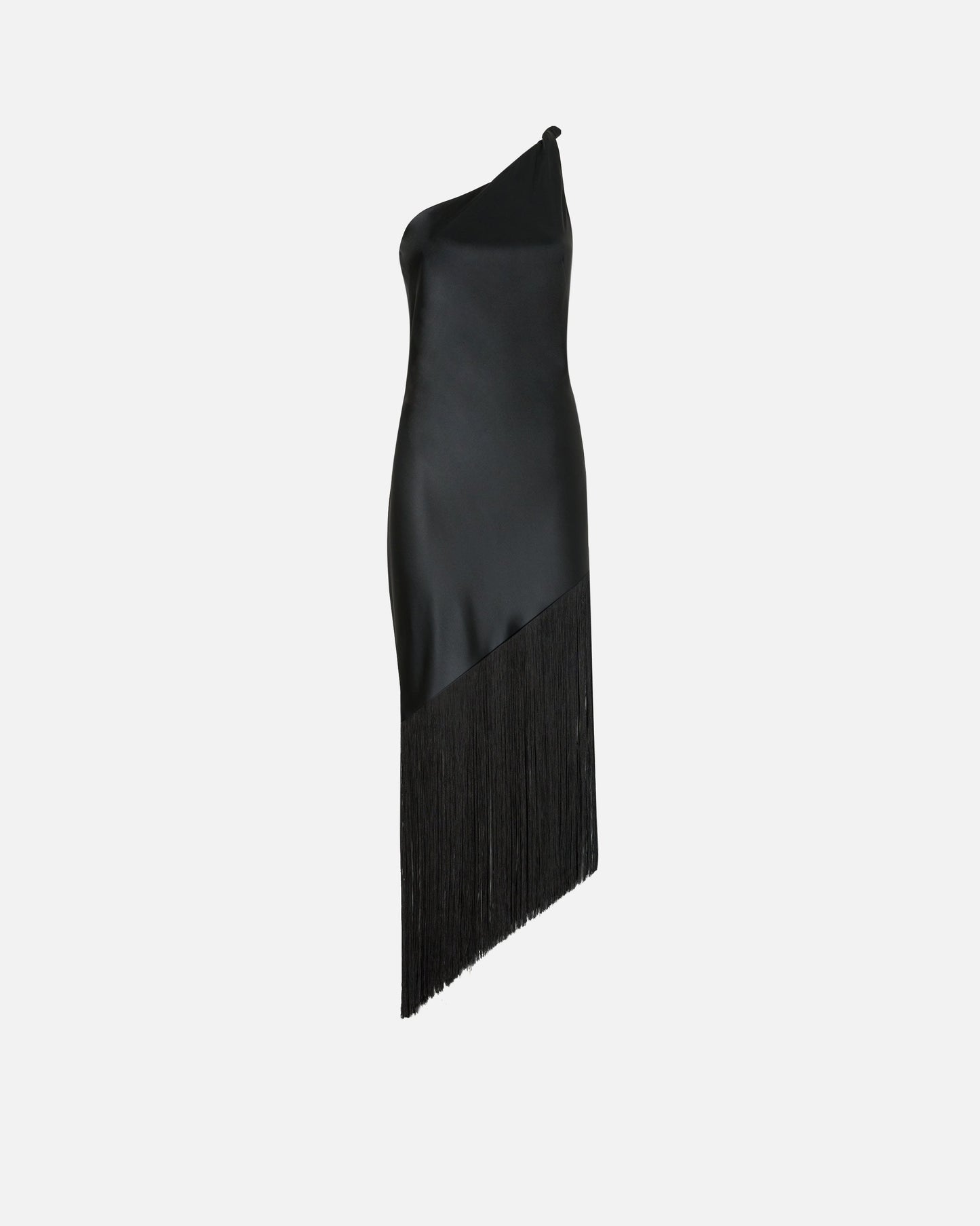 Satin one-shoulder mini dress with fringing
