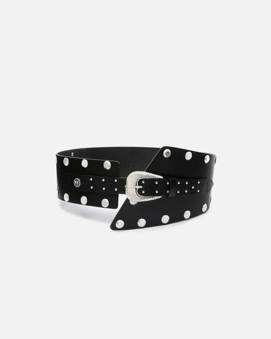 Leather belt with studs and strap, 15 cm