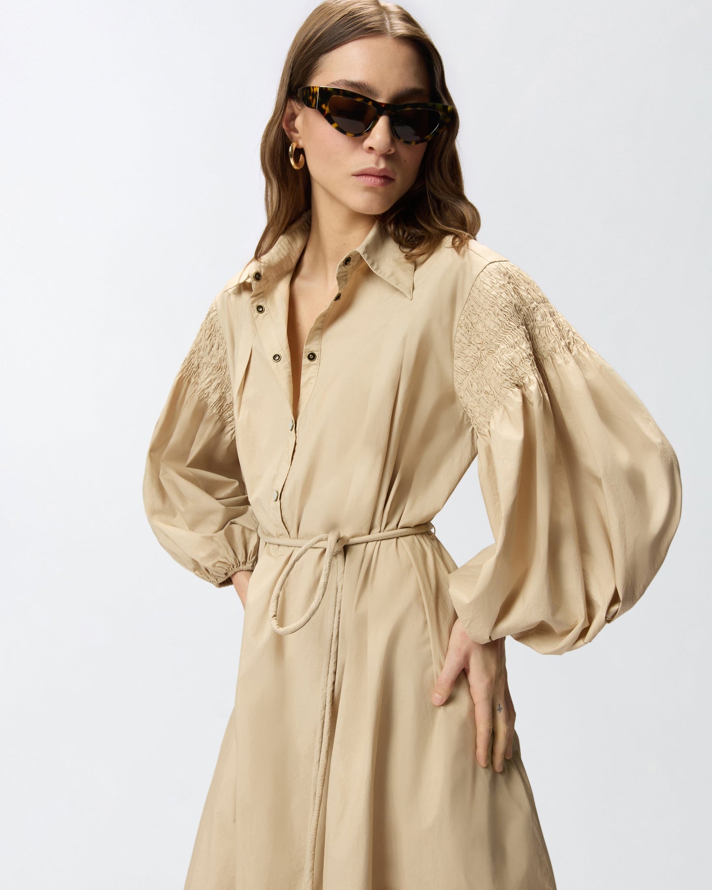 Long shirt dress in cotton with belt