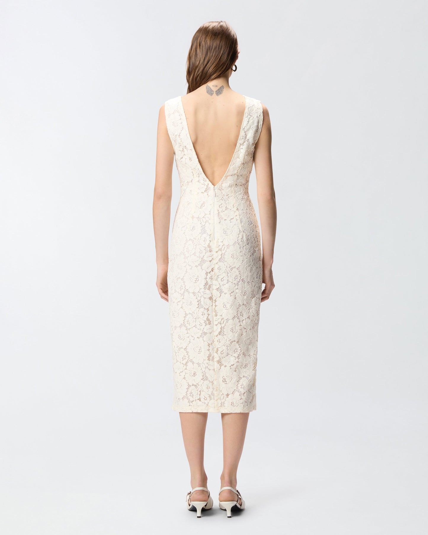 Floral lace dress with plunging rear neckline