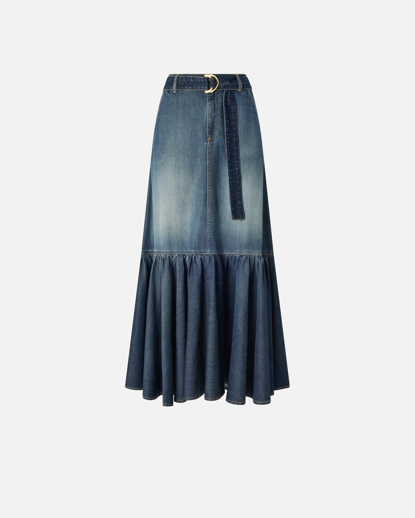 Long denim skirt with flounce and belt