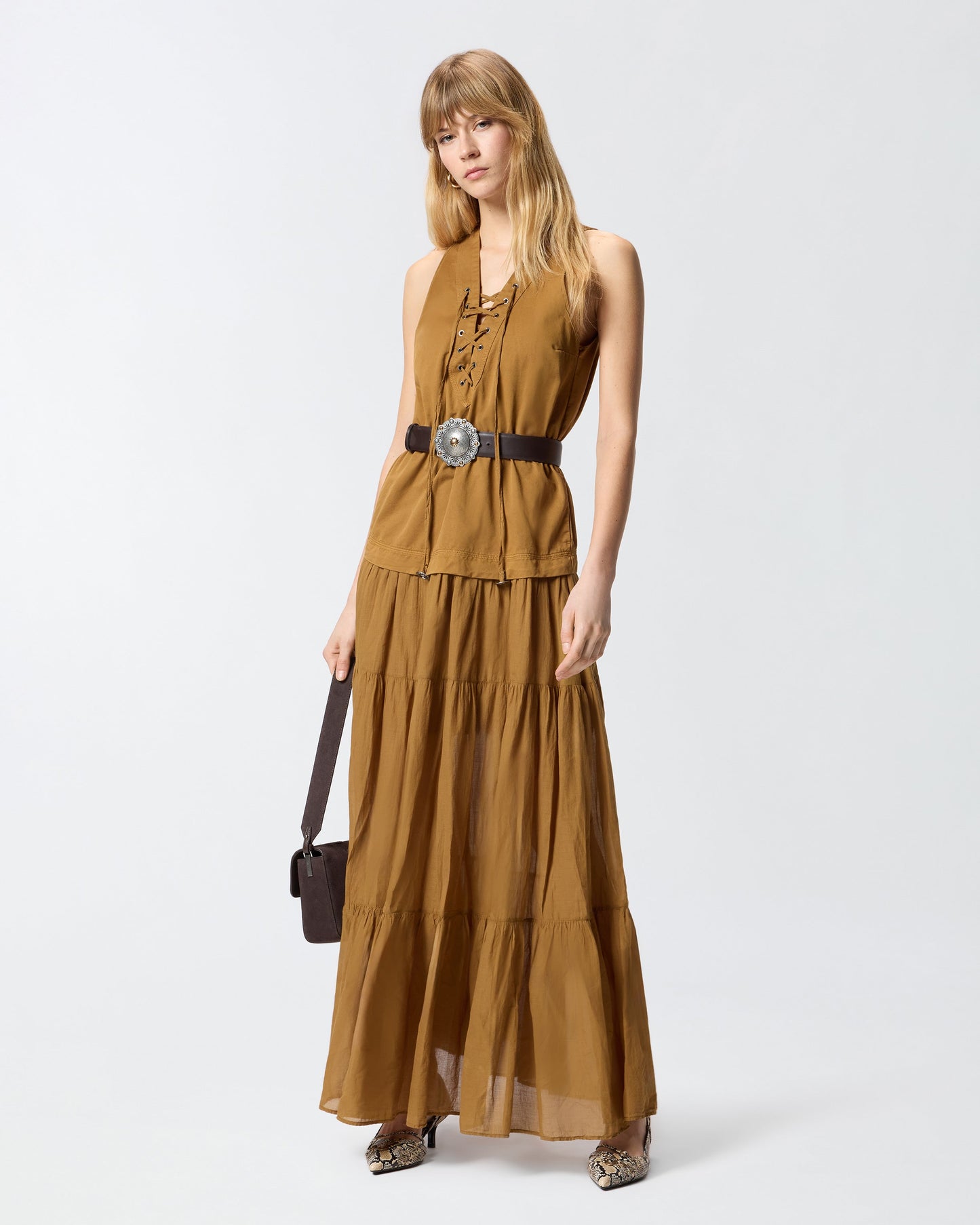 Long cotton dress with flounce and ribbons
