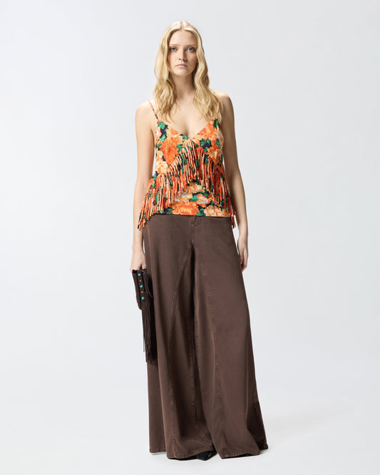Sleeveless top with fringing and floral print