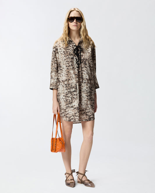 Mini dress with snake print and neckline ribbons