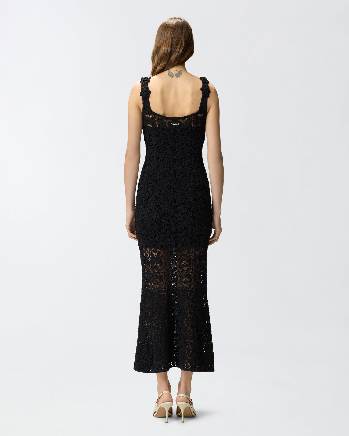 Crochet-effect midi dress with appliqué flowers