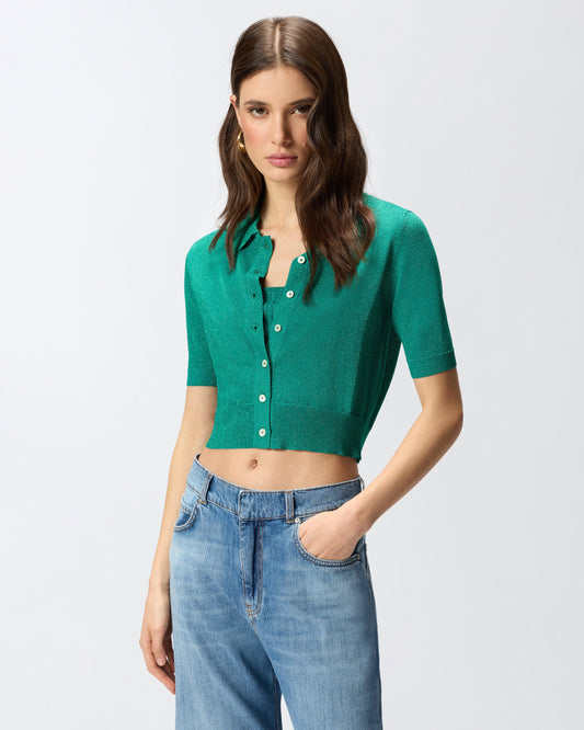 Cropped, short-sleeved cardigan with collar