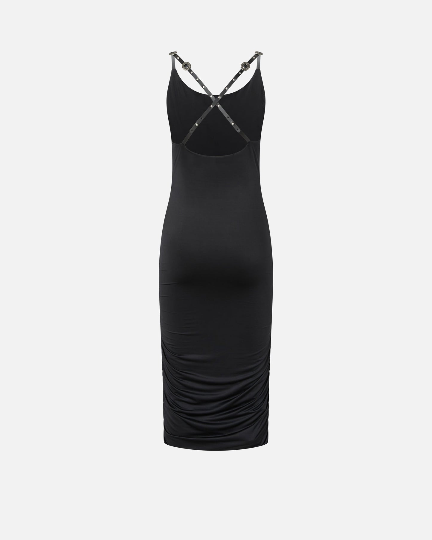 Shiny midi dress with crossed shoulder straps