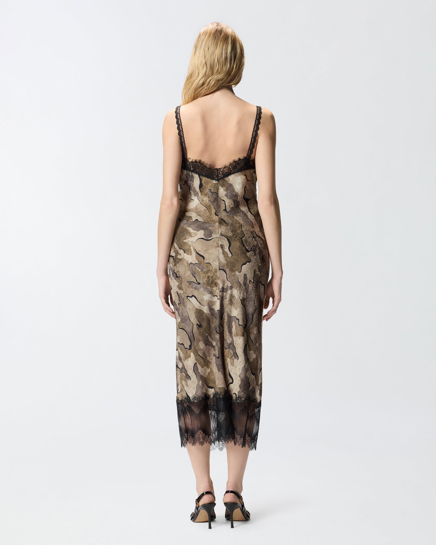 Camouflage midi slip dress with lace