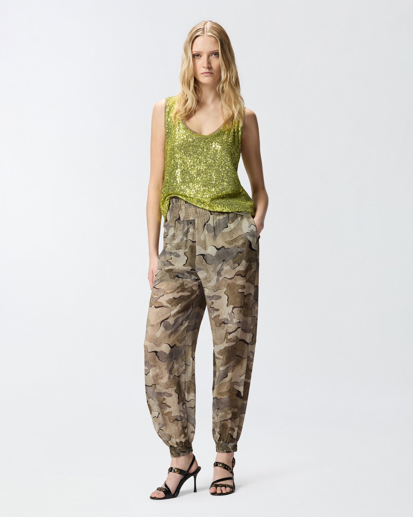 Camouflage balloon-fit trousers with high waist