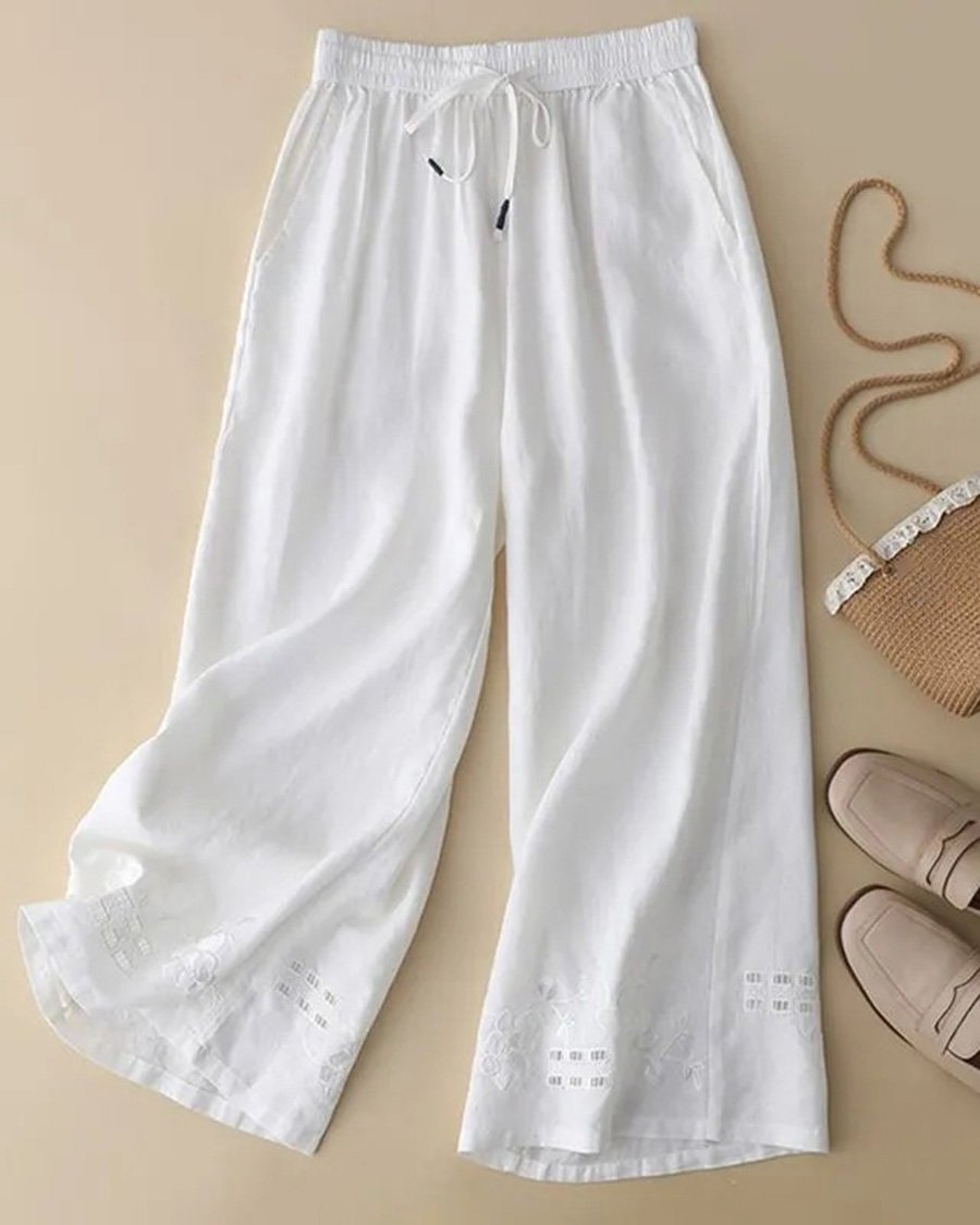 Loungehose aus bestickter Baumwolle und Leinen mit Cutouts