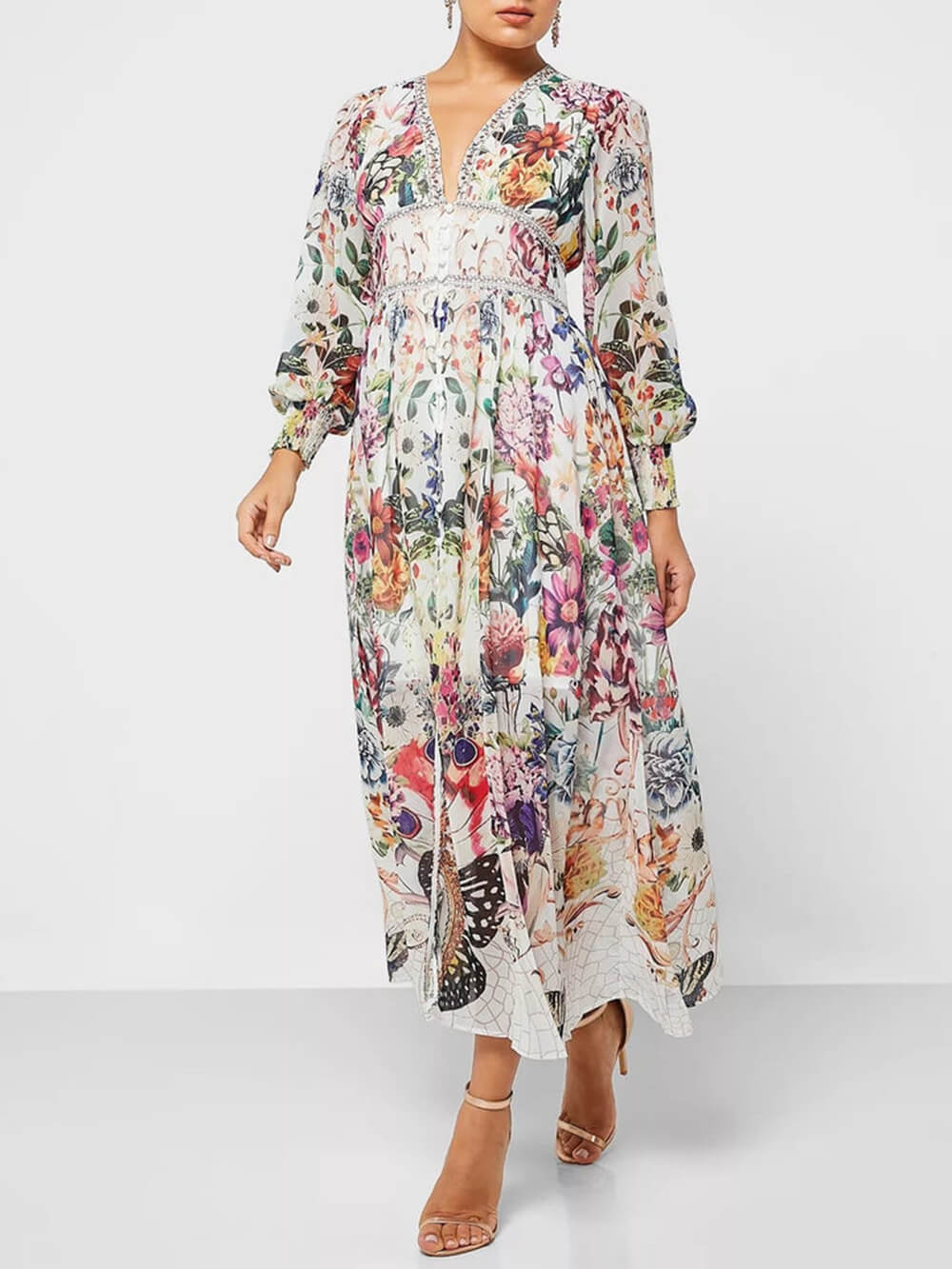 Botanical Floral Printed V-Neck Chiffon Maxi Dress