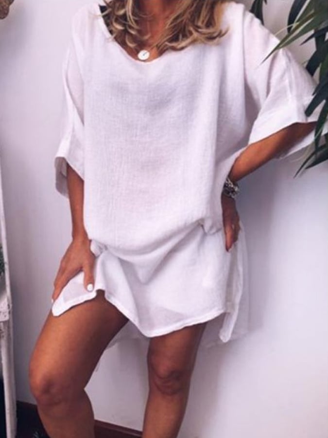 Damen Freizeitkleid aus Baumwolle und Leinen mit Schlitz