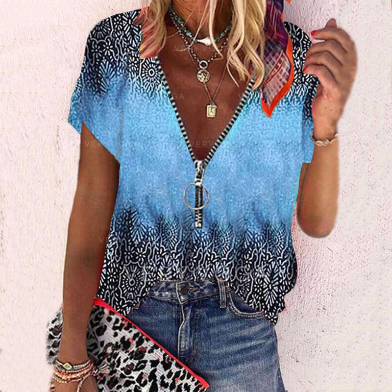 Boho Tribal Print Color Block Bluse mit V-Ausschnitt und Reißverschluss