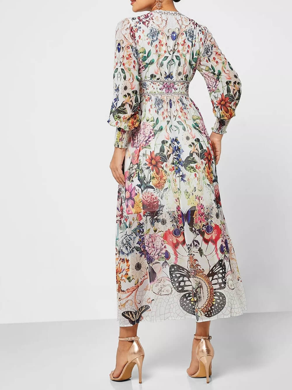 Botanical Floral Printed V-Neck Chiffon Maxi Dress
