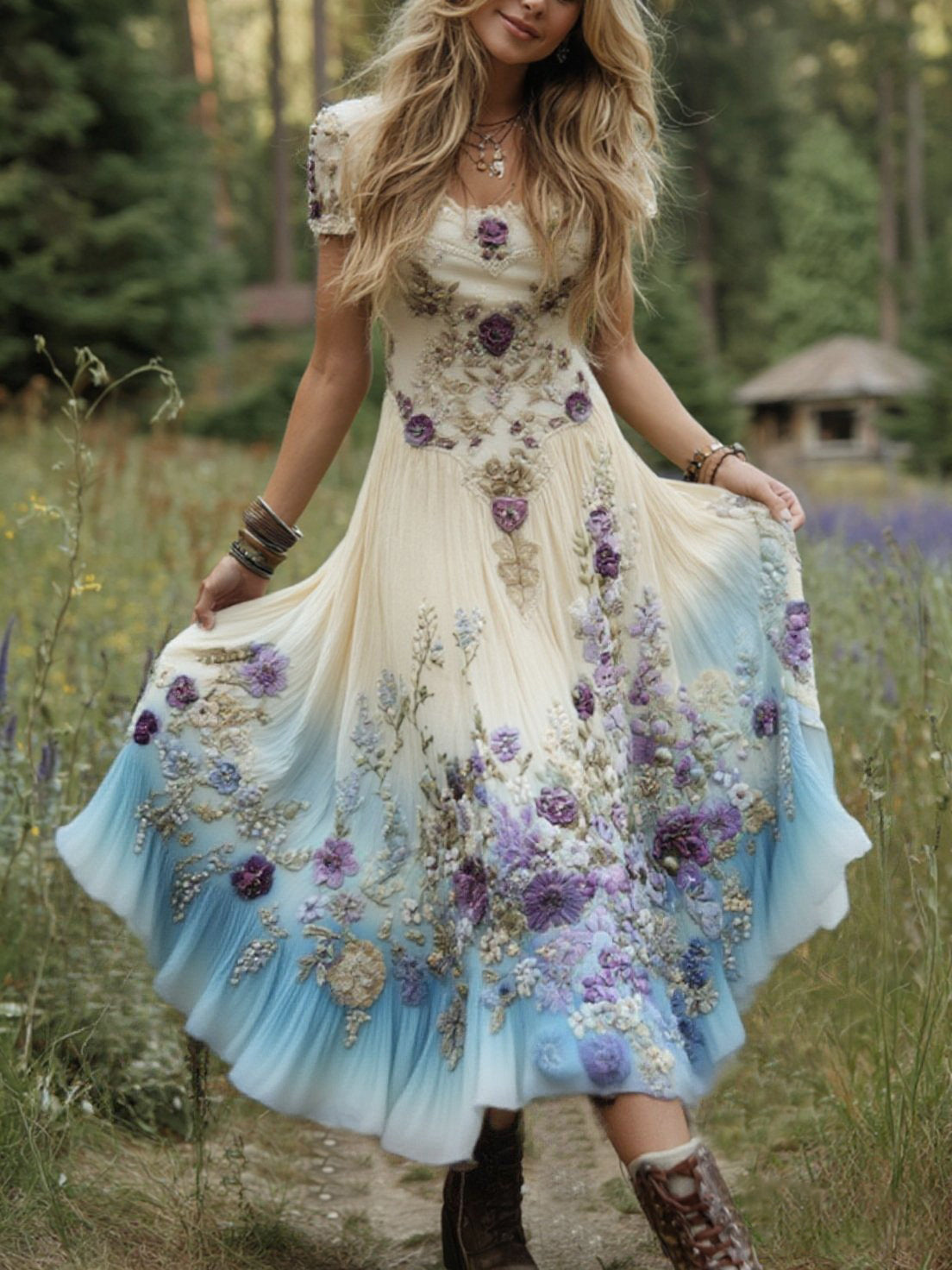 Elegantes Gradienten-Maxikleid aus Leinen in Lila-Lavendel mit Blumenstickerei