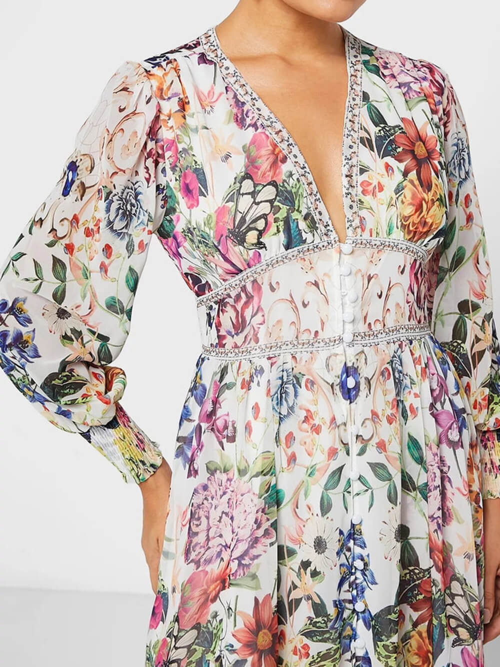 Botanical Floral Printed V-Neck Chiffon Maxi Dress