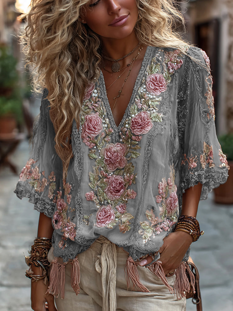 Damen Vintage Rosenstickerei Bequeme Leinenhemden