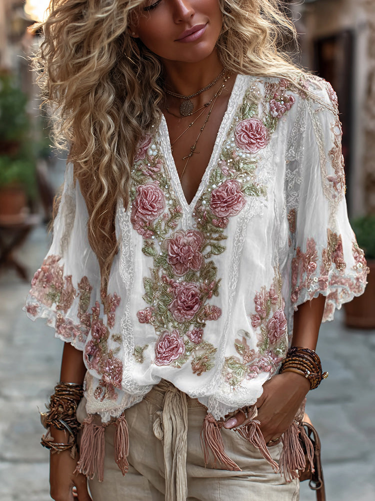 Damen Vintage Rosenstickerei Bequeme Leinenhemden