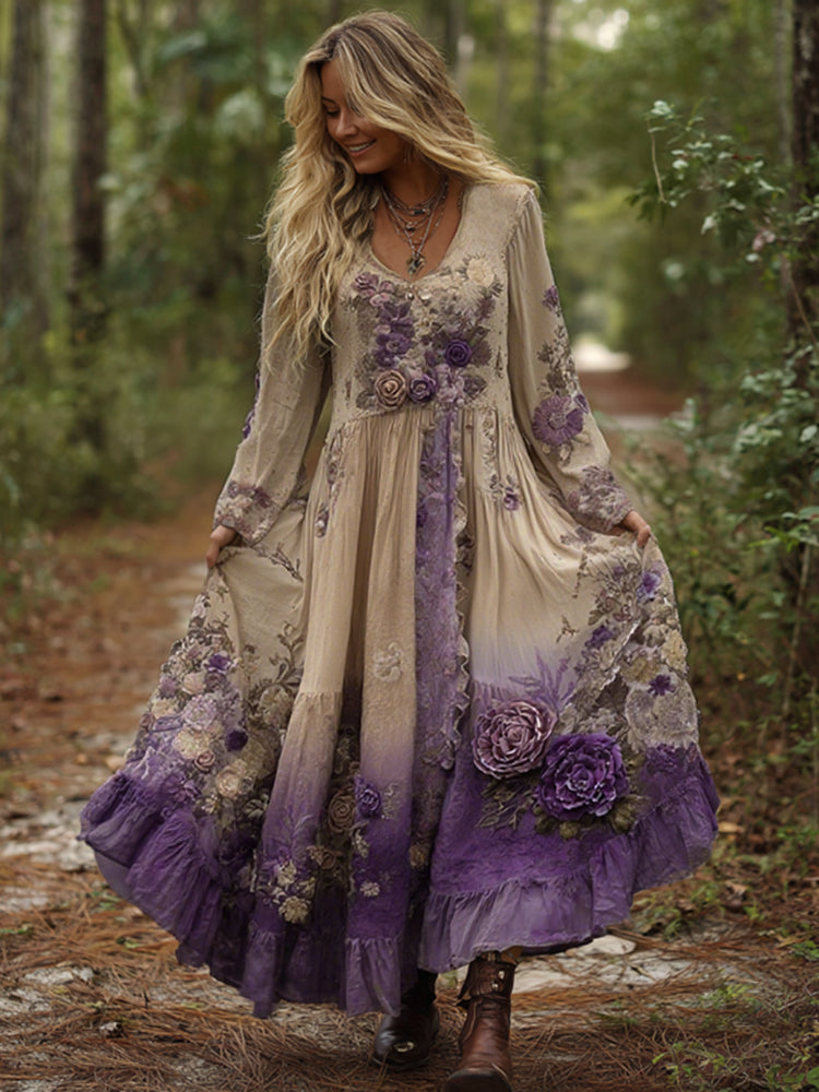 Vintage Elegantes Maxi-Kleid in Lila-Lavendel mit Blumenstickerei und Farbverlauf