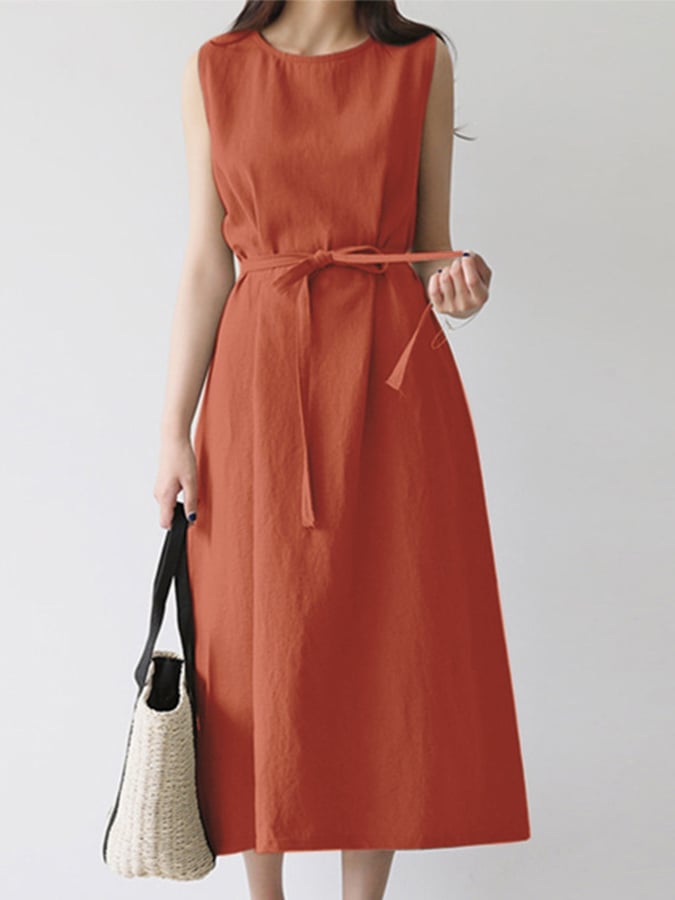 Damen lässiges ärmelloses Kleid mit Rundhalsausschnitt und Unifarbe