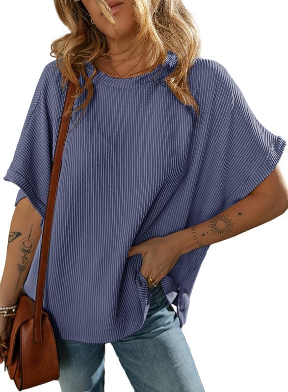 Dokotoo Women's Casual Oversized Short Sleeve Solid Color Loose Texture Knit Tunic Tops Blouses