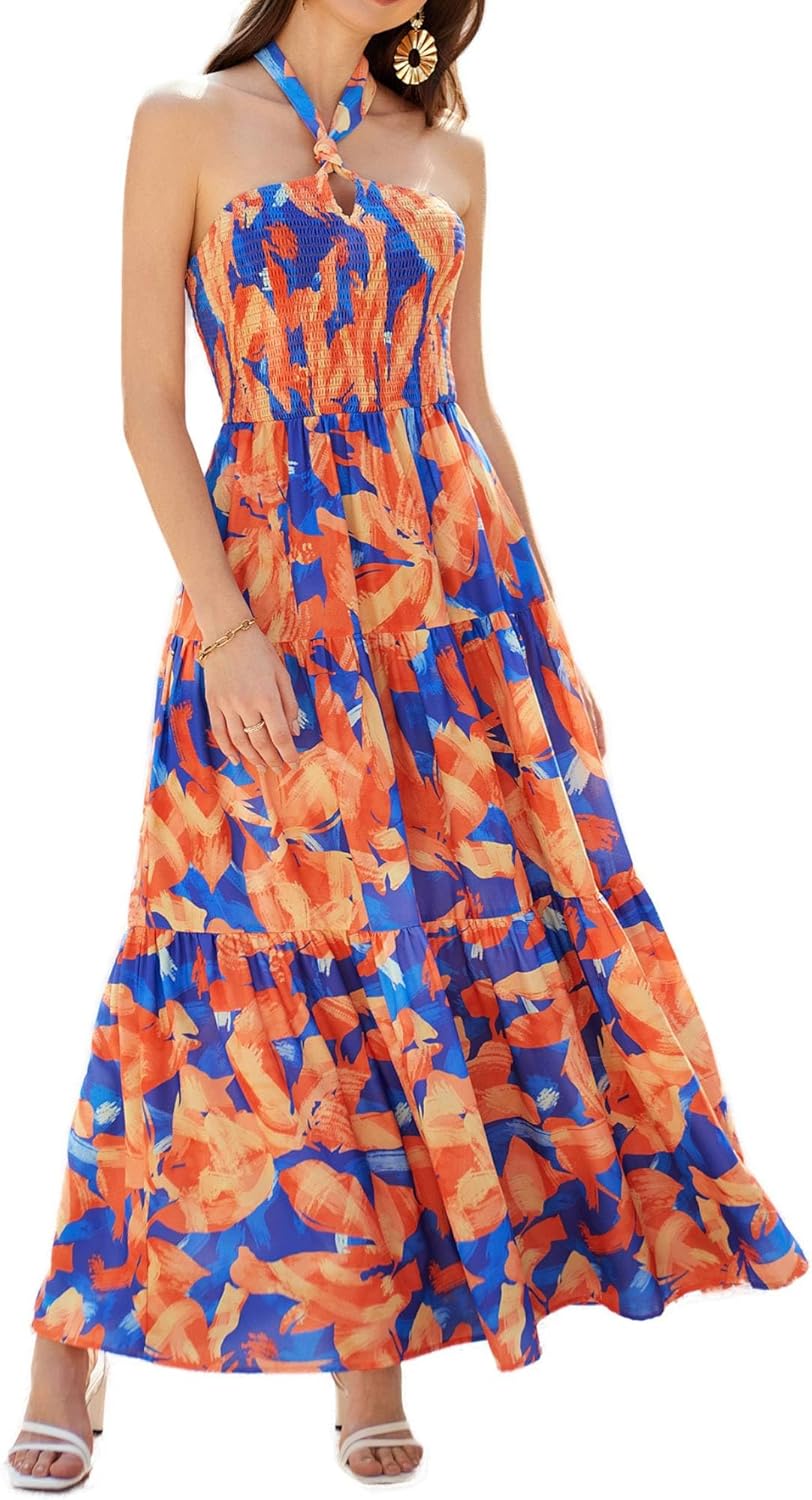 GRACE KARIN Women's Summer Dresses 2025 Halter Neck Sleeveless Smocked Backless Cut Out Floral Flowy A Line Maxi Dress