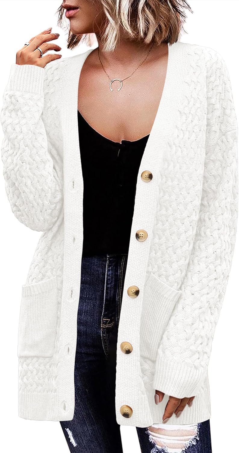 Zeagoo Damen Langarm Grobstrick Cardigan Herbststrickjacken Knopfleiste Offen Vorne Oberbekleidung mit Taschen 2024