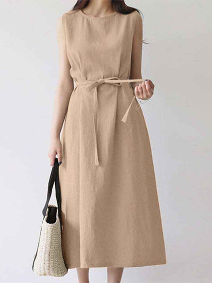 Damen lässiges ärmelloses Kleid mit Rundhalsausschnitt und Unifarbe