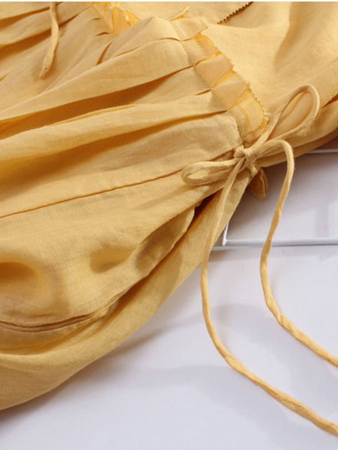 Halbarm Baumwolle Leinen Lockeres Schnürkleid mit weitem Rock