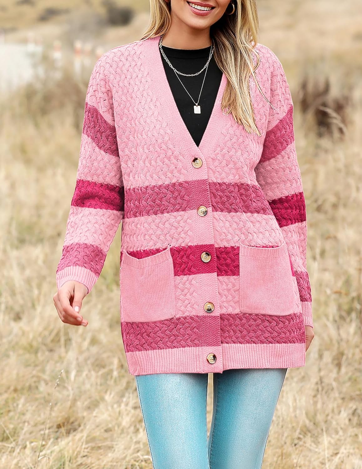 Zeagoo Damen Langarm Grobstrick Cardigan Herbststrickjacken Knopfleiste Offen Vorne Oberbekleidung mit Taschen 2024