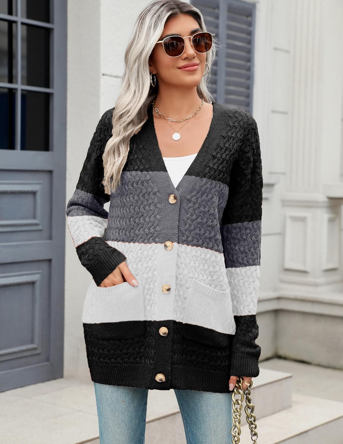 Zeagoo Damen Langarm Grobstrick Cardigan Herbststrickjacken Knopfleiste Offen Vorne Oberbekleidung mit Taschen 2024
