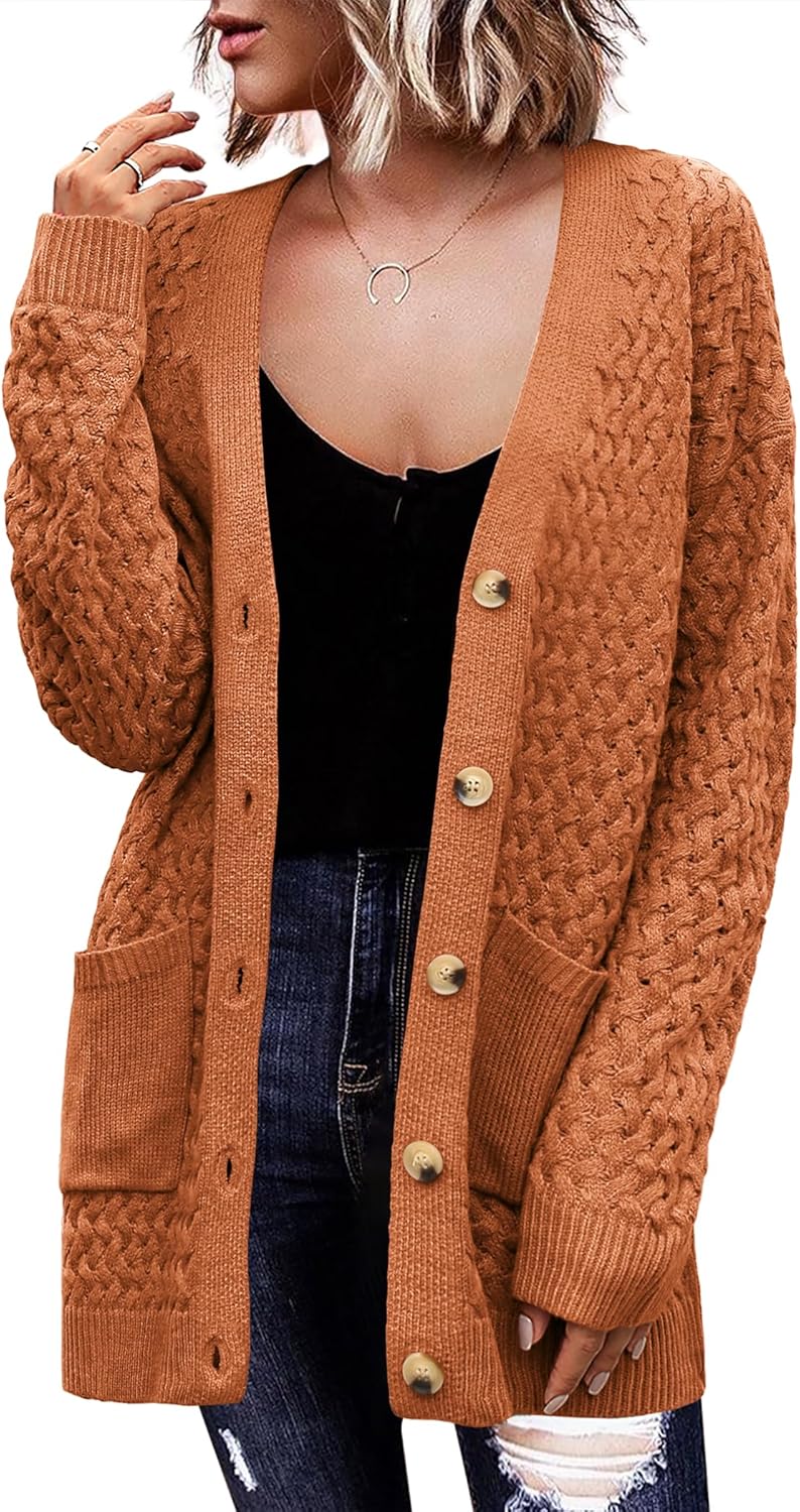 Zeagoo Damen Langarm Grobstrick Cardigan Herbststrickjacken Knopfleiste Offen Vorne Oberbekleidung mit Taschen 2024