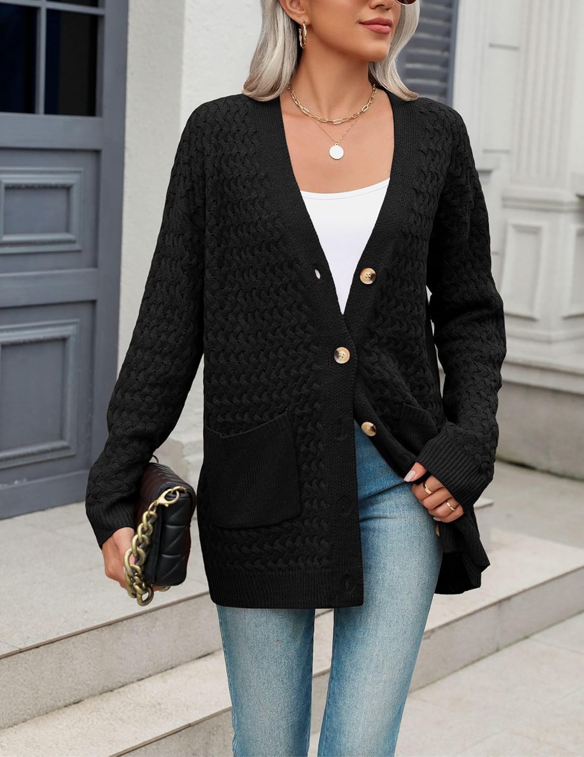 Zeagoo Damen Langarm Grobstrick Cardigan Herbststrickjacken Knopfleiste Offen Vorne Oberbekleidung mit Taschen 2024
