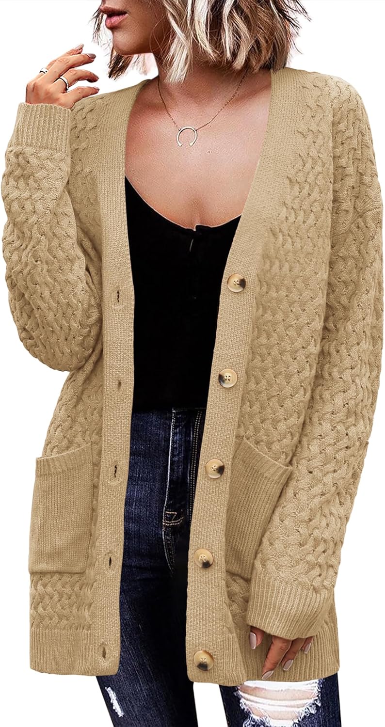Zeagoo Damen Langarm Grobstrick Cardigan Herbststrickjacken Knopfleiste Offen Vorne Oberbekleidung mit Taschen 2024