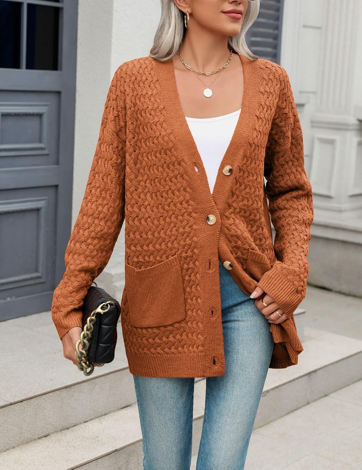 Zeagoo Damen Langarm Grobstrick Cardigan Herbststrickjacken Knopfleiste Offen Vorne Oberbekleidung mit Taschen 2024