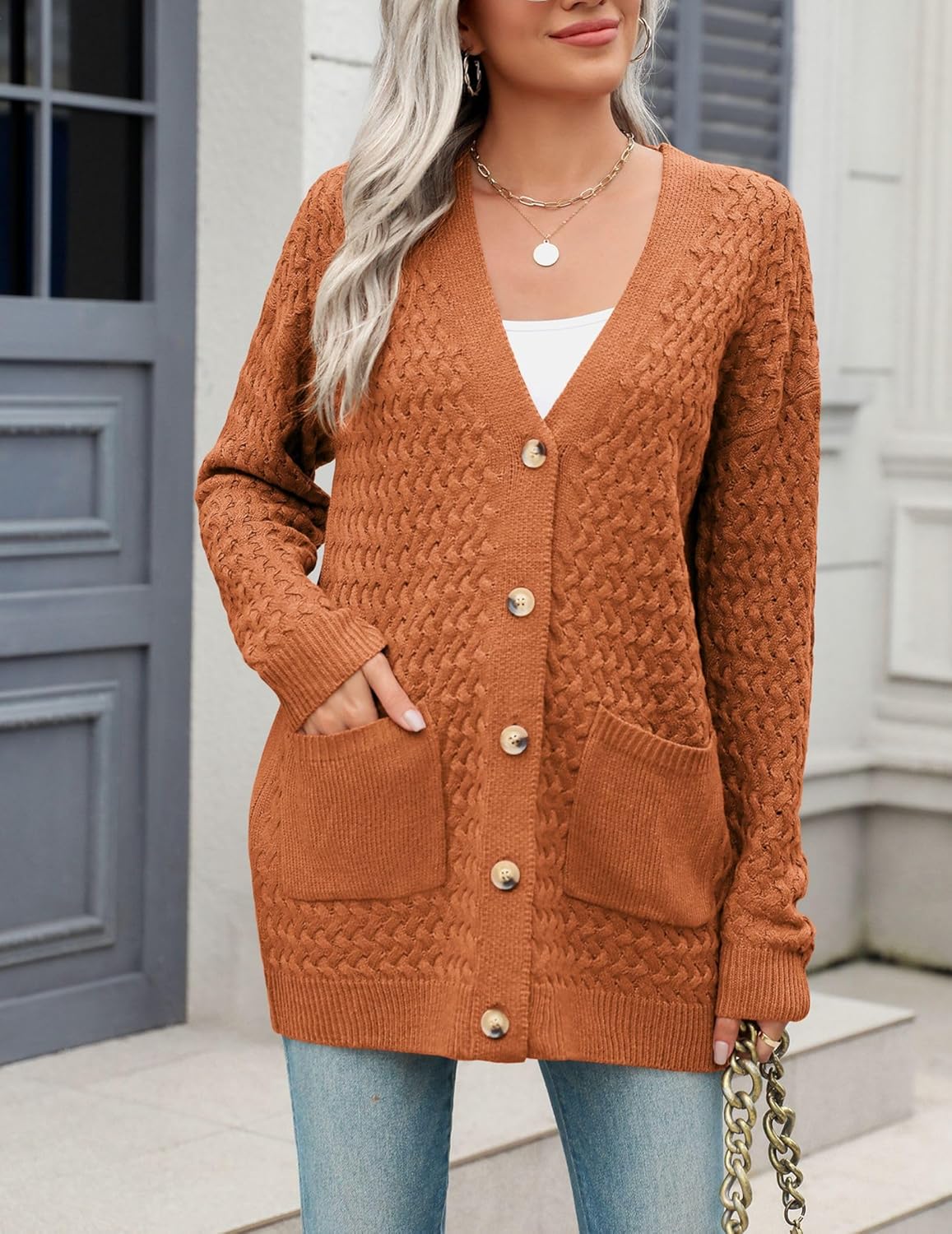 Zeagoo Damen Langarm Grobstrick Cardigan Herbststrickjacken Knopfleiste Offen Vorne Oberbekleidung mit Taschen 2024