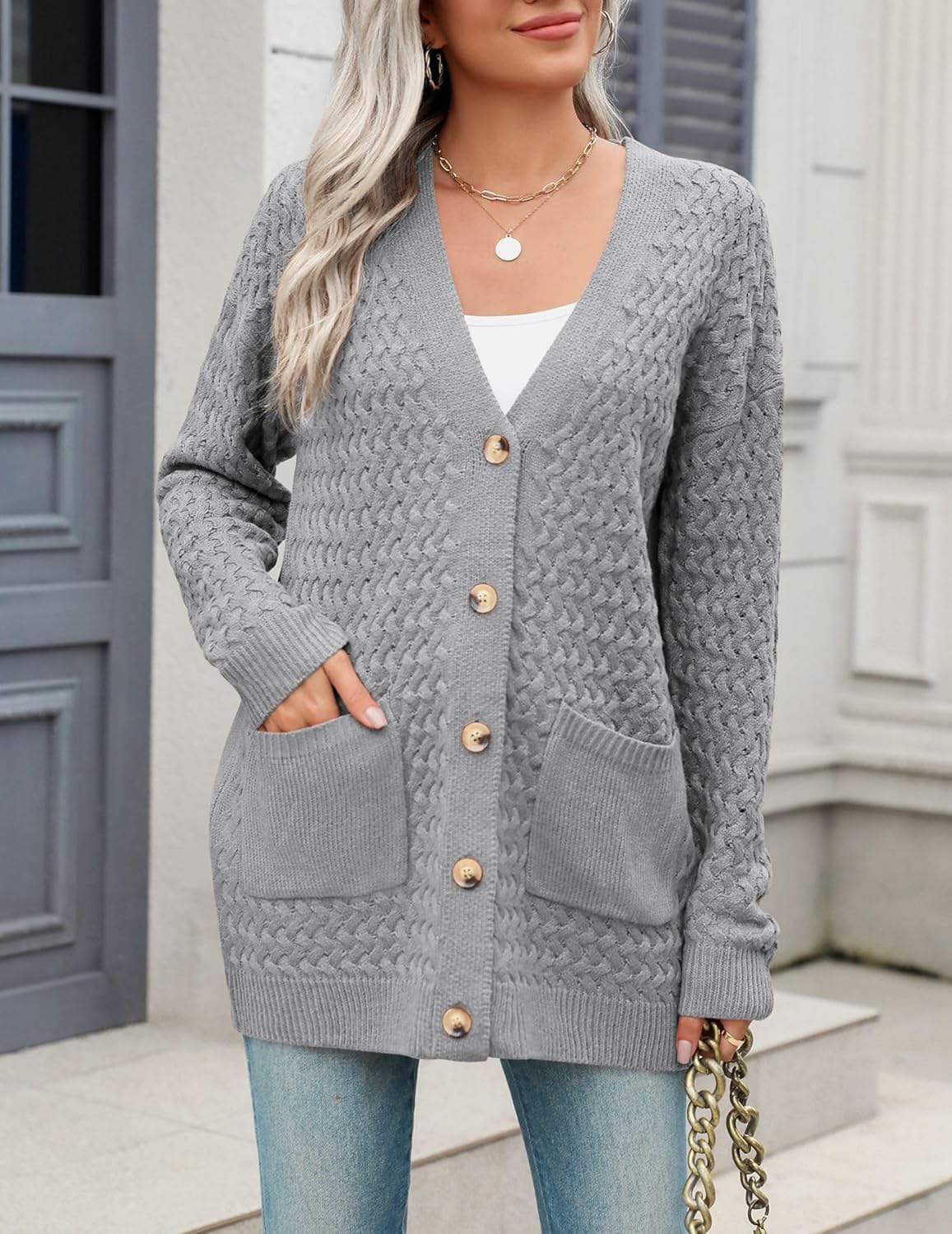 Zeagoo Damen Langarm Grobstrick Cardigan Herbststrickjacken Knopfleiste Offen Vorne Oberbekleidung mit Taschen 2024