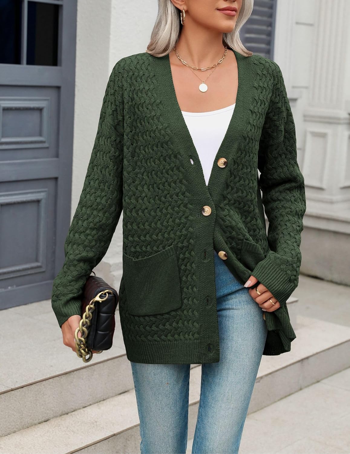 Zeagoo Damen Langarm Grobstrick Cardigan Herbststrickjacken Knopfleiste Offen Vorne Oberbekleidung mit Taschen 2024